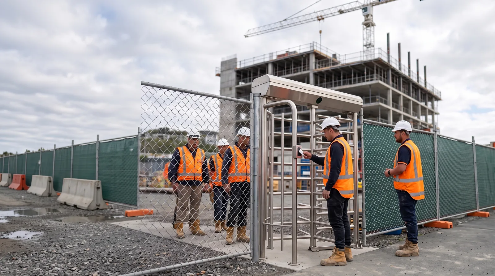 Construction workers entering a New Zealand site through an access-controlled full-height turnstile
