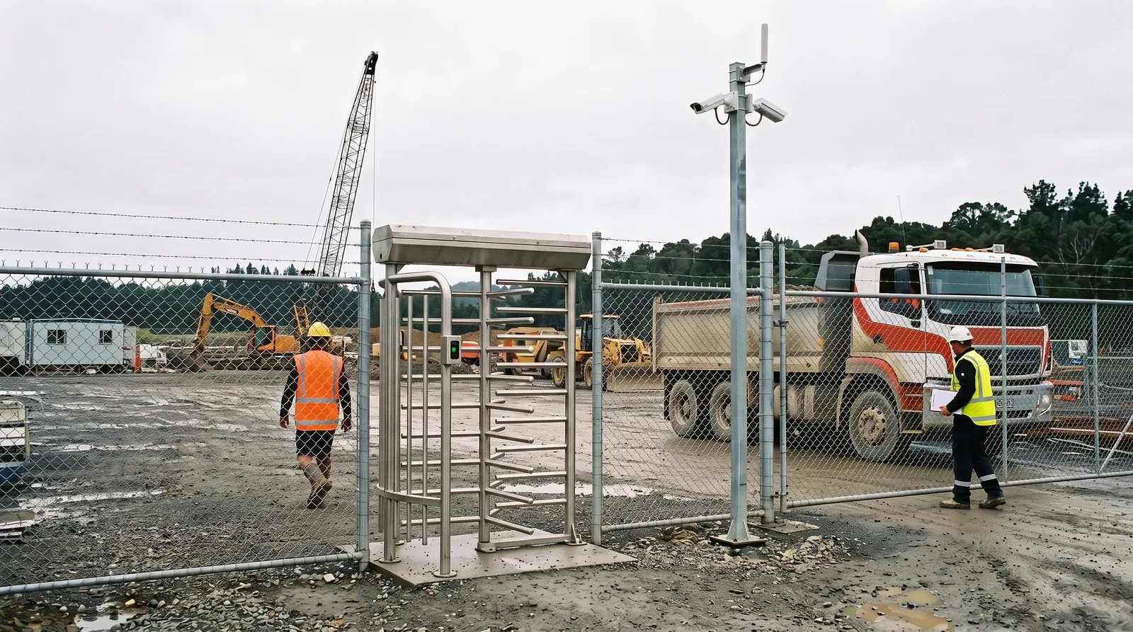 Construction site perimeter with a turnstile pedestrian entry, CCTV camera and vehicle gate