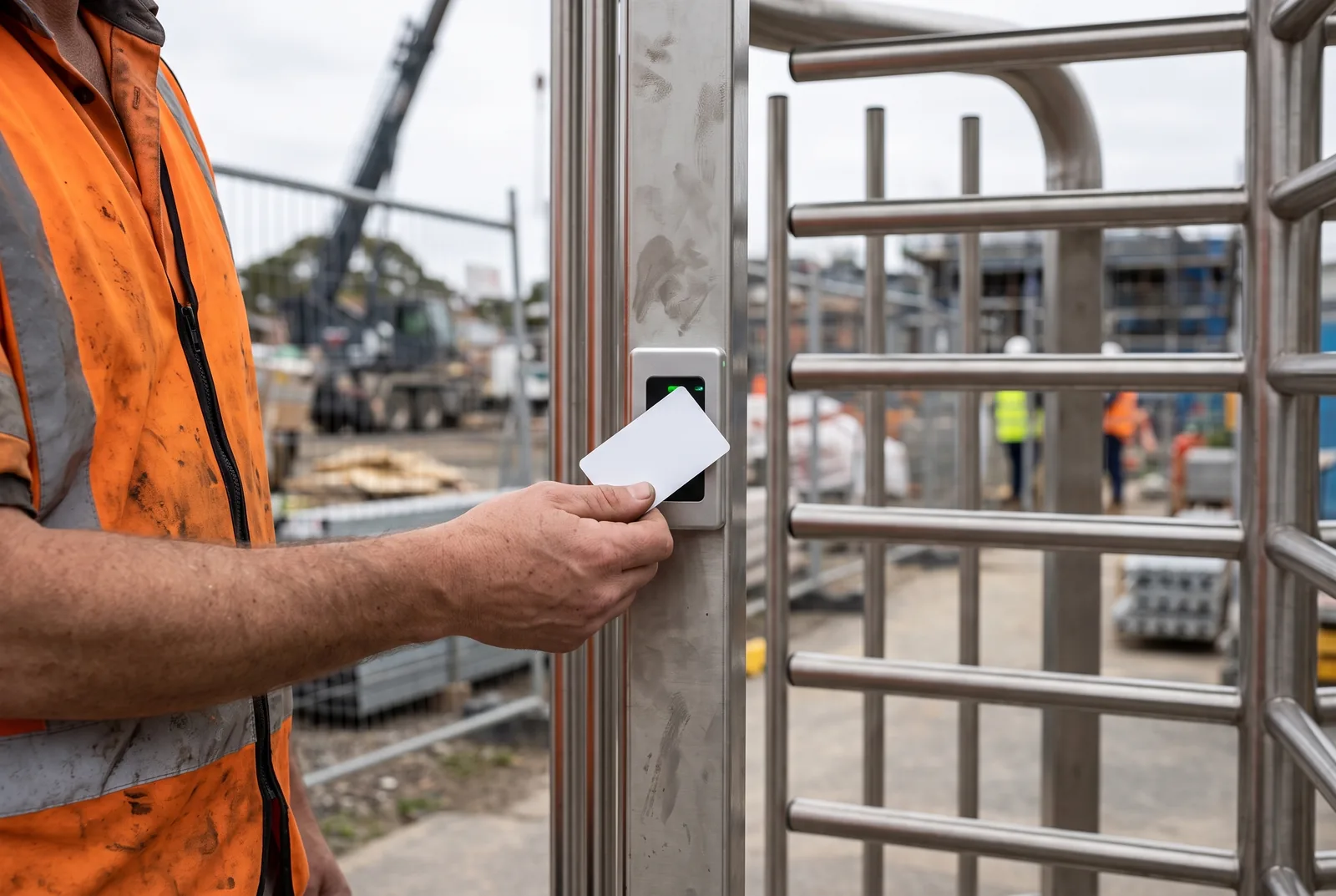 Construction worker presenting an RFID access card to a turnstile reader on a building site