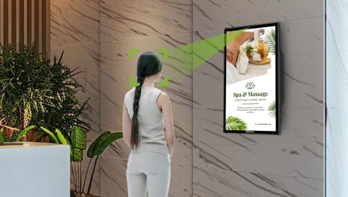 ZKDigimax DG03-A5W AI wall-mounted signage with ScreenDirect audience analytics in a spa reception