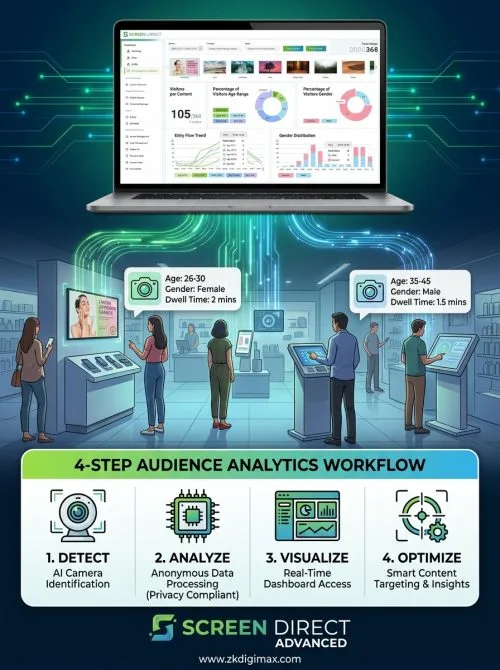 ZKDigimax ScreenDirect Advanced AI audience analytics dashboard by NZTeco showing real-time viewer age, gender, dwell time tracking and retail display optimization in New Zealand.