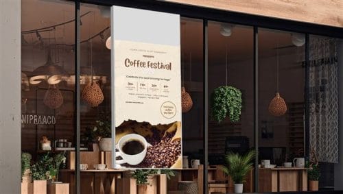 ZKDigimax DG03-A1C hanging double-sided signage in a retail window displaying promotional content