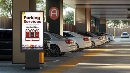 ZKDigimax DG03-B1F outdoor standing signage displaying parking information in a commercial parking facility