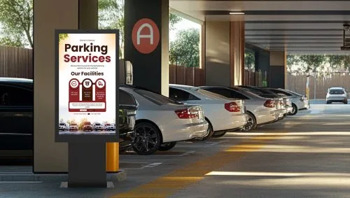 ZKDigimax DG03-B1F outdoor standing signage displaying parking information in a commercial parking facility