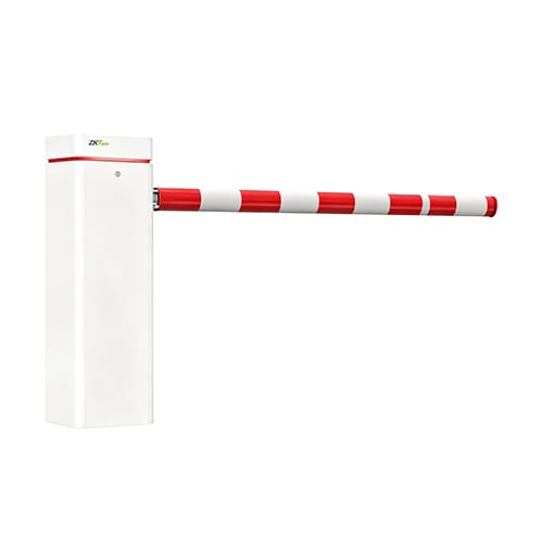 ZKTeco ProBG8000 servo parking barrier, angled view of white chassis and round straight boom