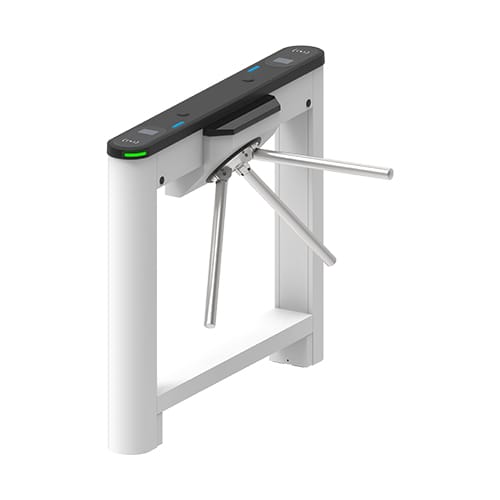 ZKTeco Saturn-T1000 Pro motorised tripod turnstile, angled view of rotating arms