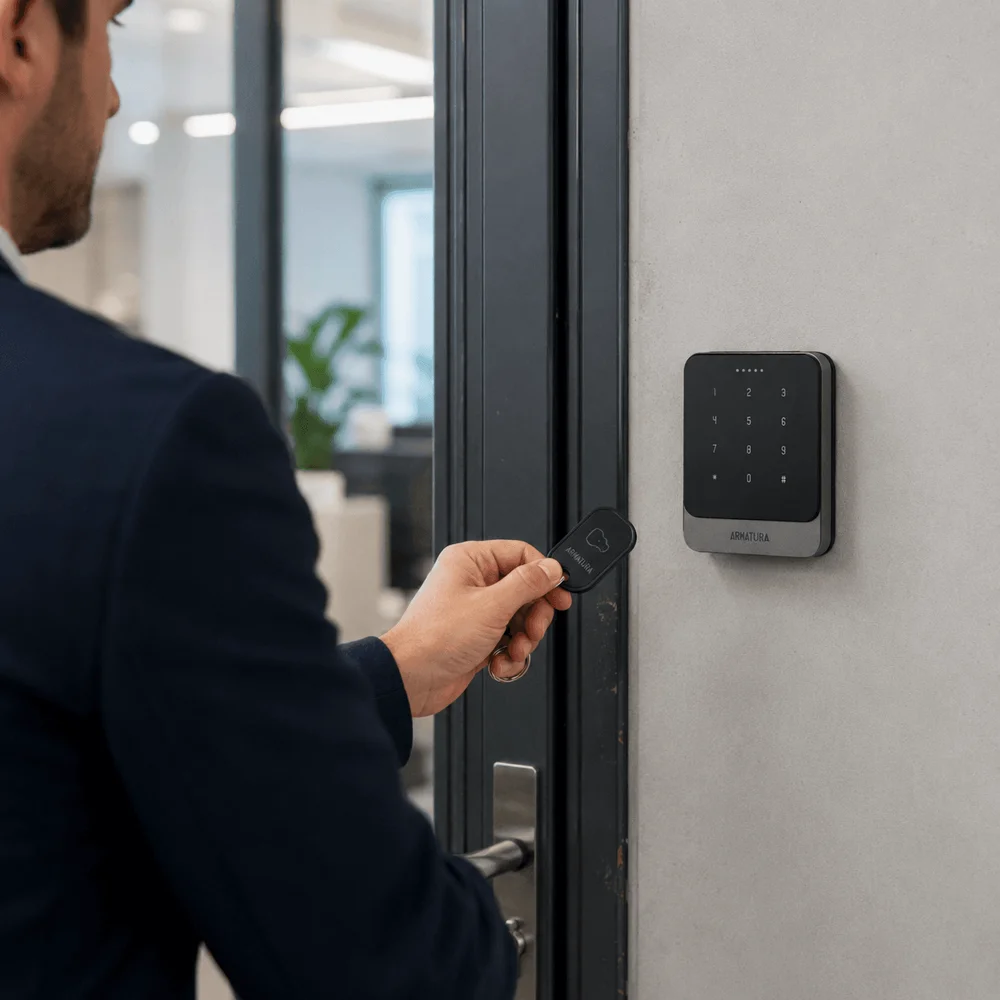 A hand presenting a key fob beside an ARMATURA EP20 reader