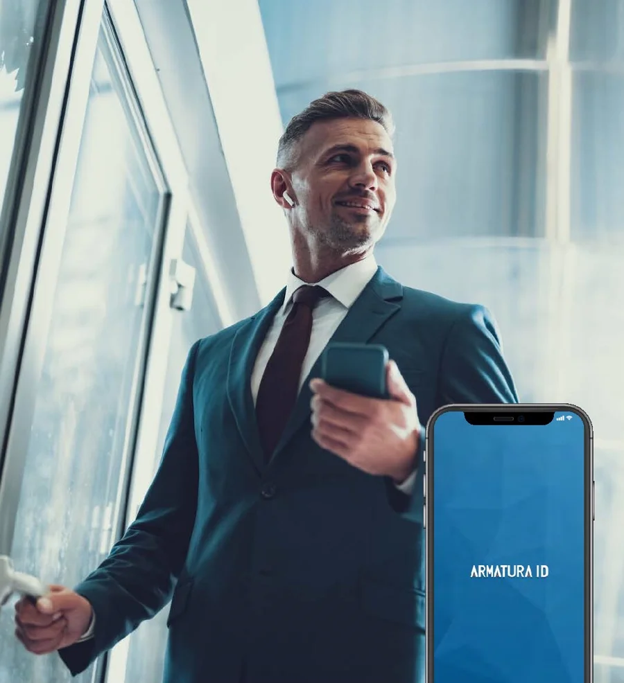 ARMATURA mobile credential brochure showing a person opening a door with a phone in hand