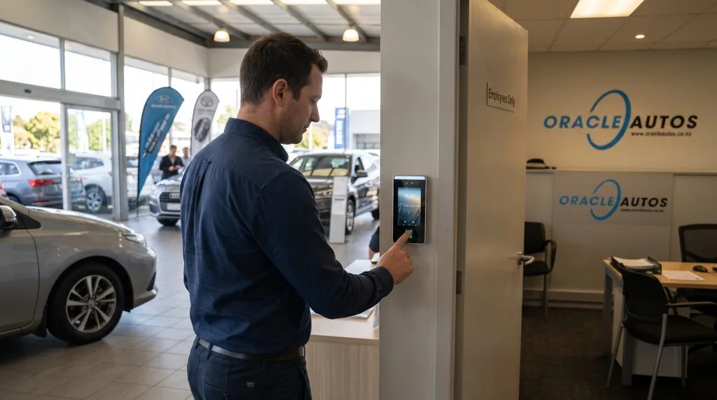 An employee using a time clock in an Oracle Autos car showroom