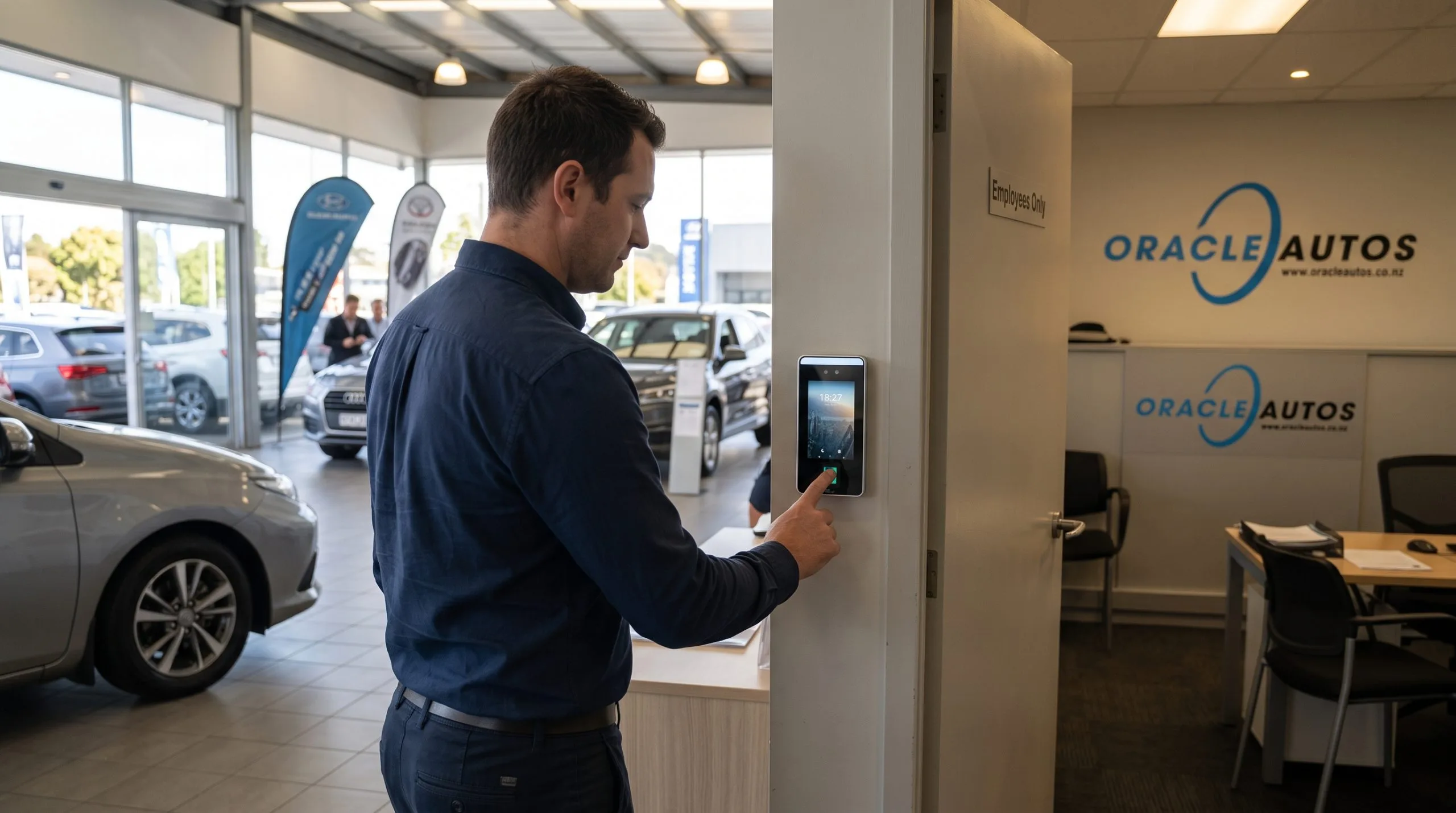 An employee using a time clock in an Oracle Autos car showroom