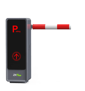 ZKTeco BGM2000 grey cabinet with a lowered red and white boom and red LED indicators