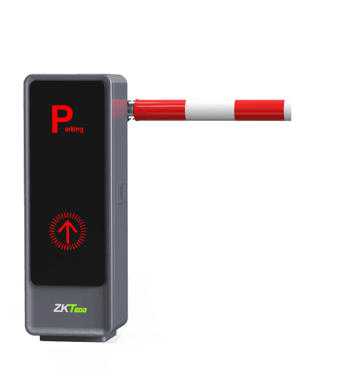 ZKTeco BGM2000 grey cabinet with a lowered red and white boom and red LED indicators