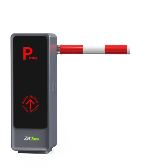 ZKTeco BGM2000 grey cabinet with a lowered red and white boom and red LED indicators