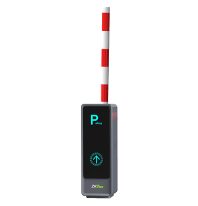 ZKTeco BGM2000 grey cabinet with the boom raised vertically and cyan LED indicators