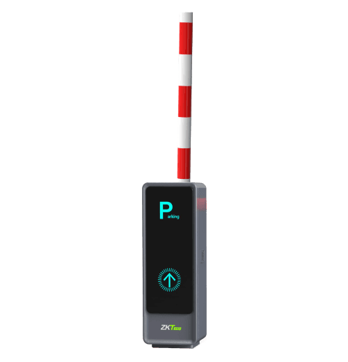 ZKTeco BGM2000 grey cabinet with the boom raised vertically and cyan LED indicators