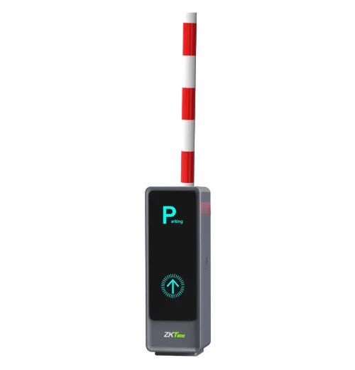 ZKTeco BGM2000 grey cabinet with the boom raised vertically and cyan LED indicators