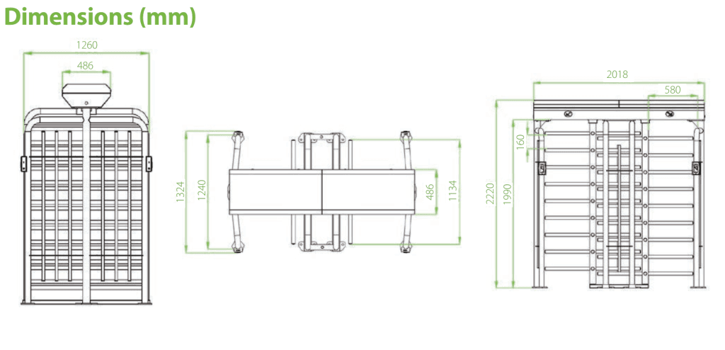 ZKTeco FHT2400D dual-lane dimension drawing showing 2018 mm width, 1324 mm depth and 2220 mm overall height